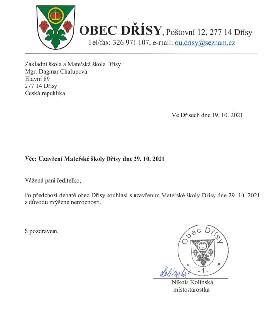 Uzavření MŠ 29.10.2021